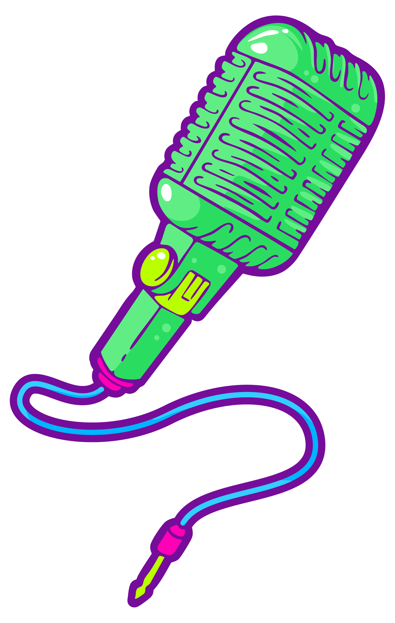 Colorful vintage-style microphone illustration with green and purple details, featuring a coiled purple cable.